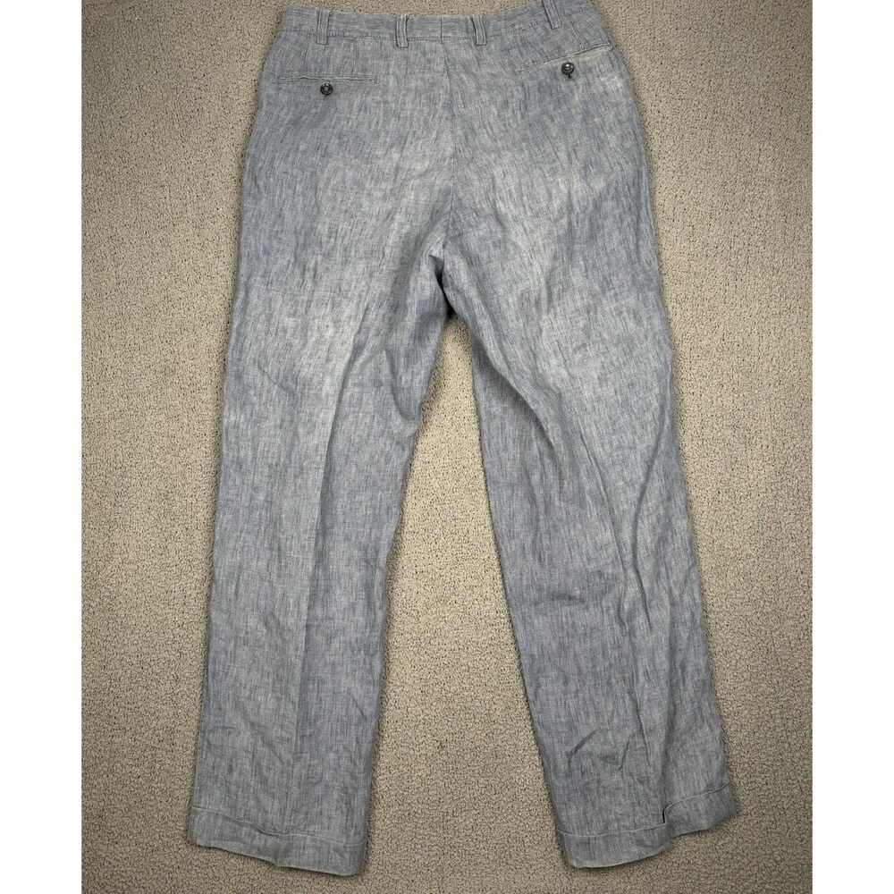 Hiltl Pants Mens 34x38 (FITS 34x31) Blue Linen Trousers Dress Flat Front Cuffed